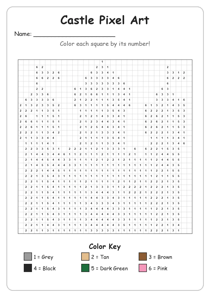 Castle Pixel Art — Color by Number (Grade 2)