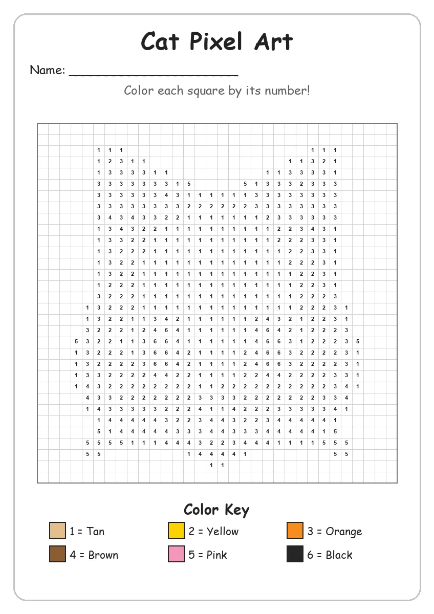 Cat Pixel Art — Color by Number (Grade 2)
