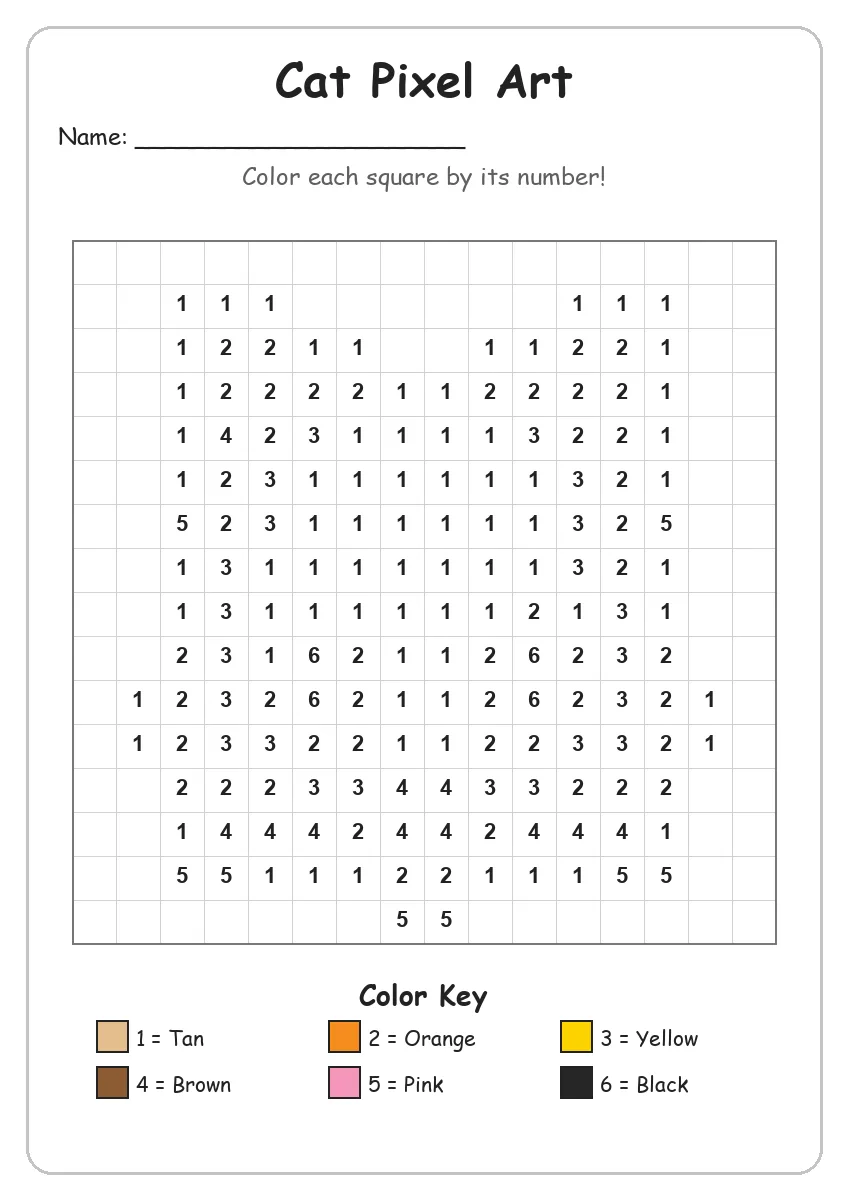 Cat Pixel Art — Color by Number (Kindergarten)