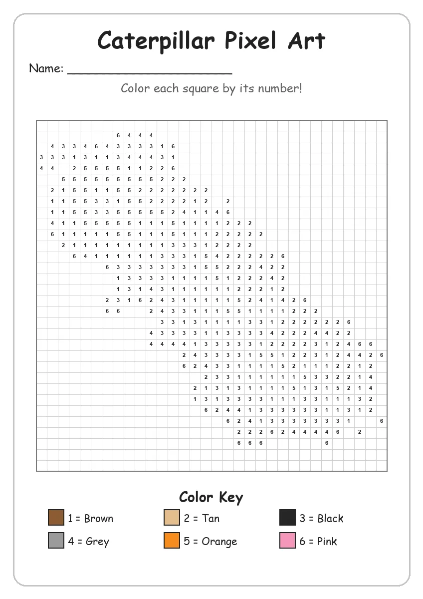 Caterpillar Pixel Art — Color by Number (Grade 2)