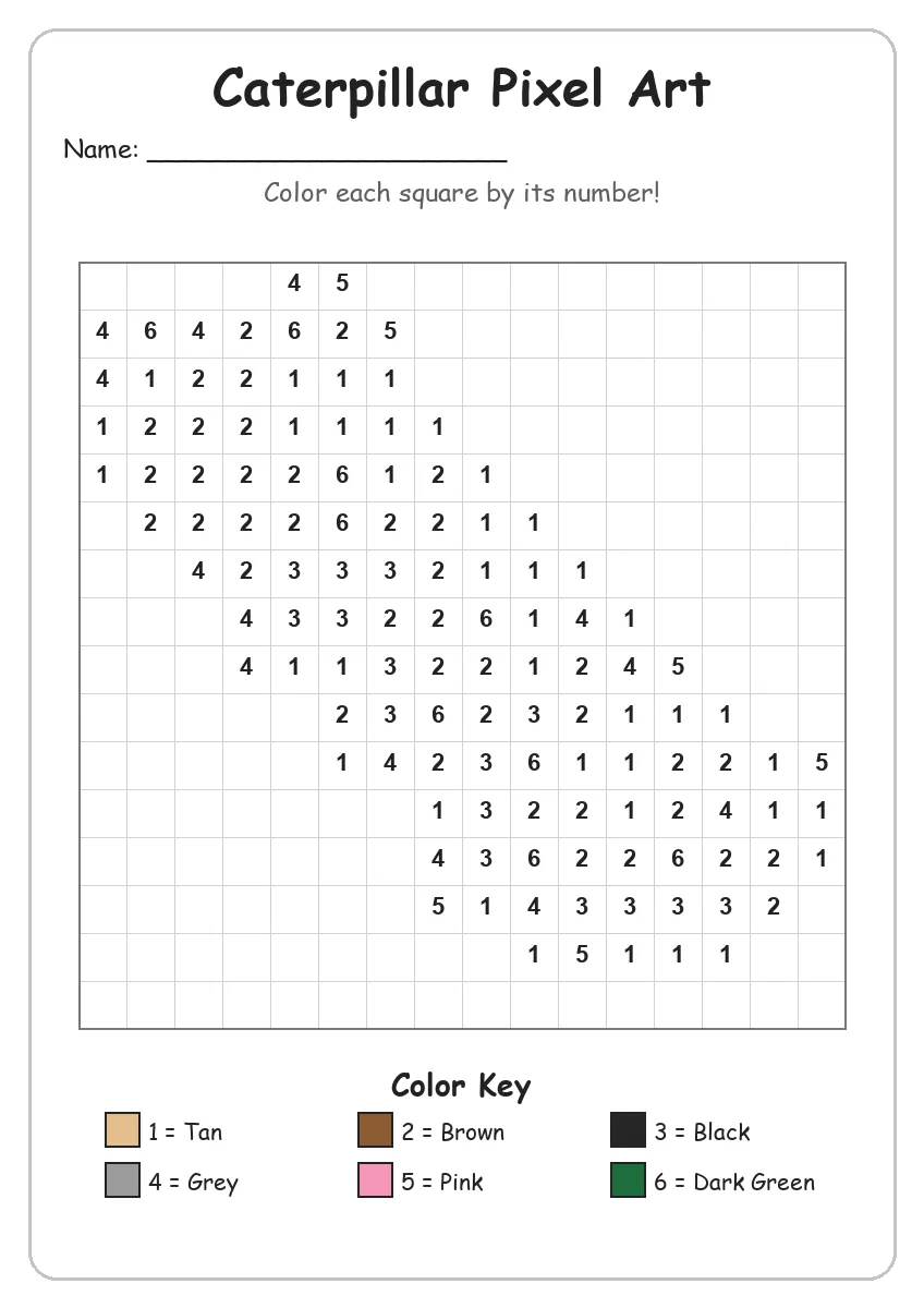 Caterpillar Pixel Art — Color by Number (Kindergarten)