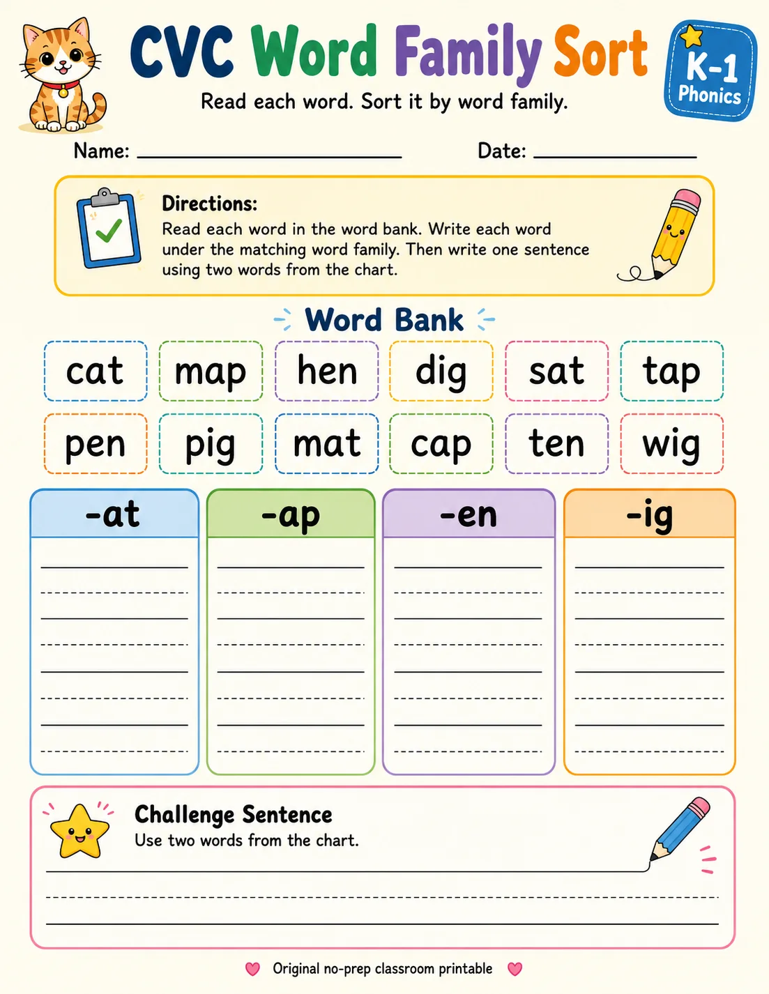 CVC Word Family Sort: -at, -ap, -en, -ig