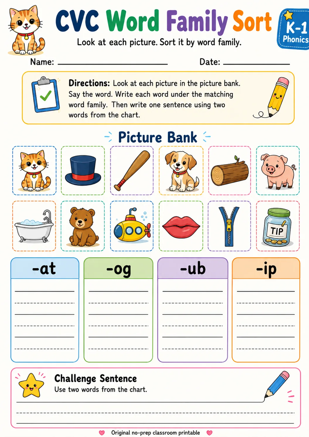 CVC Word Family Sort: -at, -og, -ub, -ip