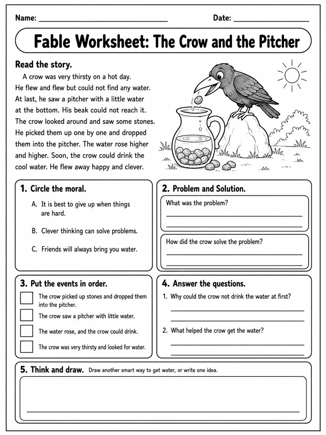 Fable Worksheet: The Crow and the Pitcher