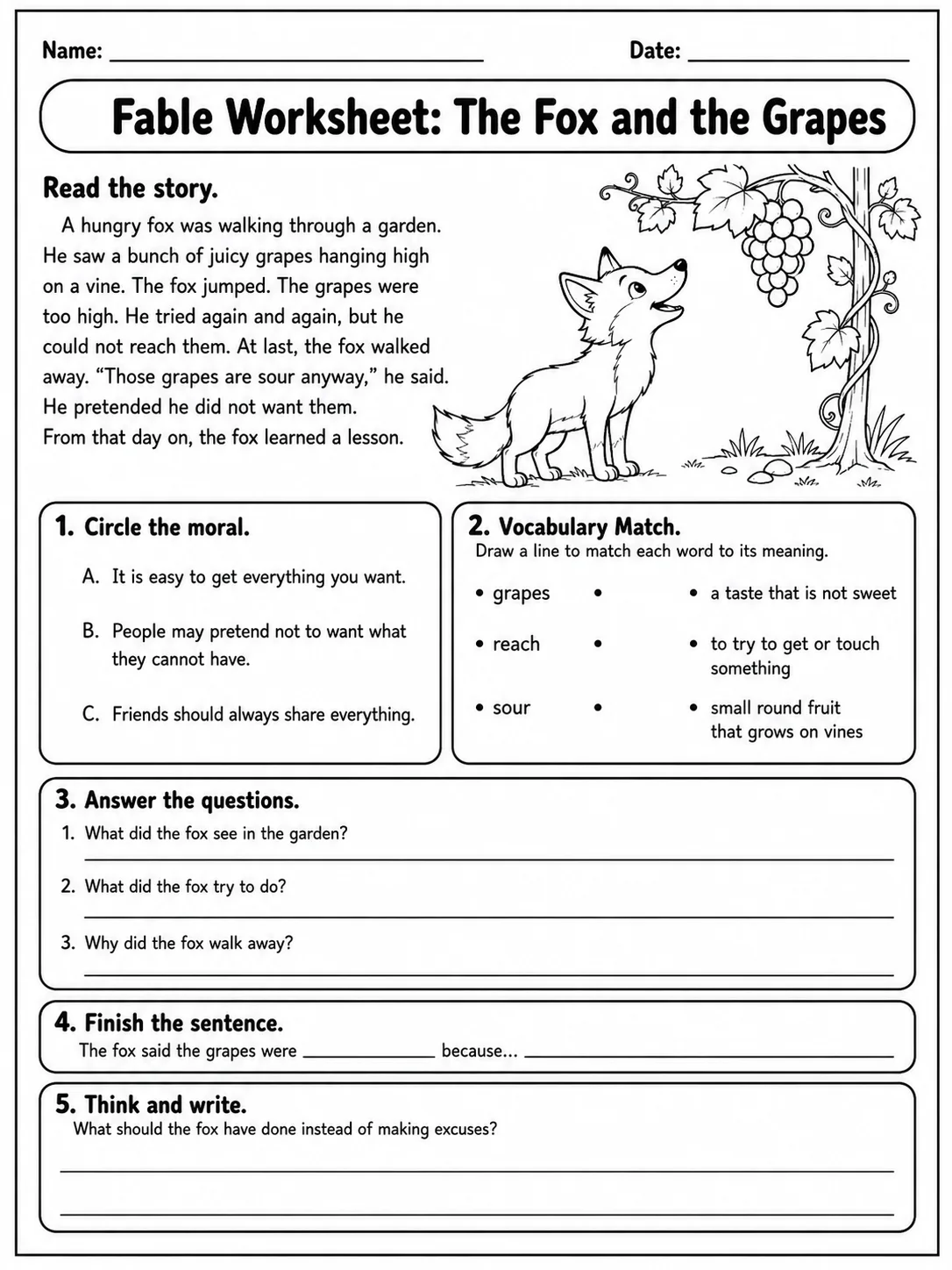 Fable Worksheet: The Fox and the Grapes