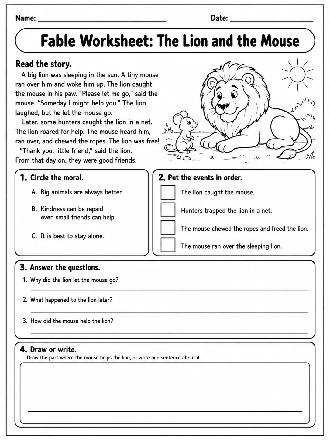 Fable Worksheet: The Lion and the Mouse