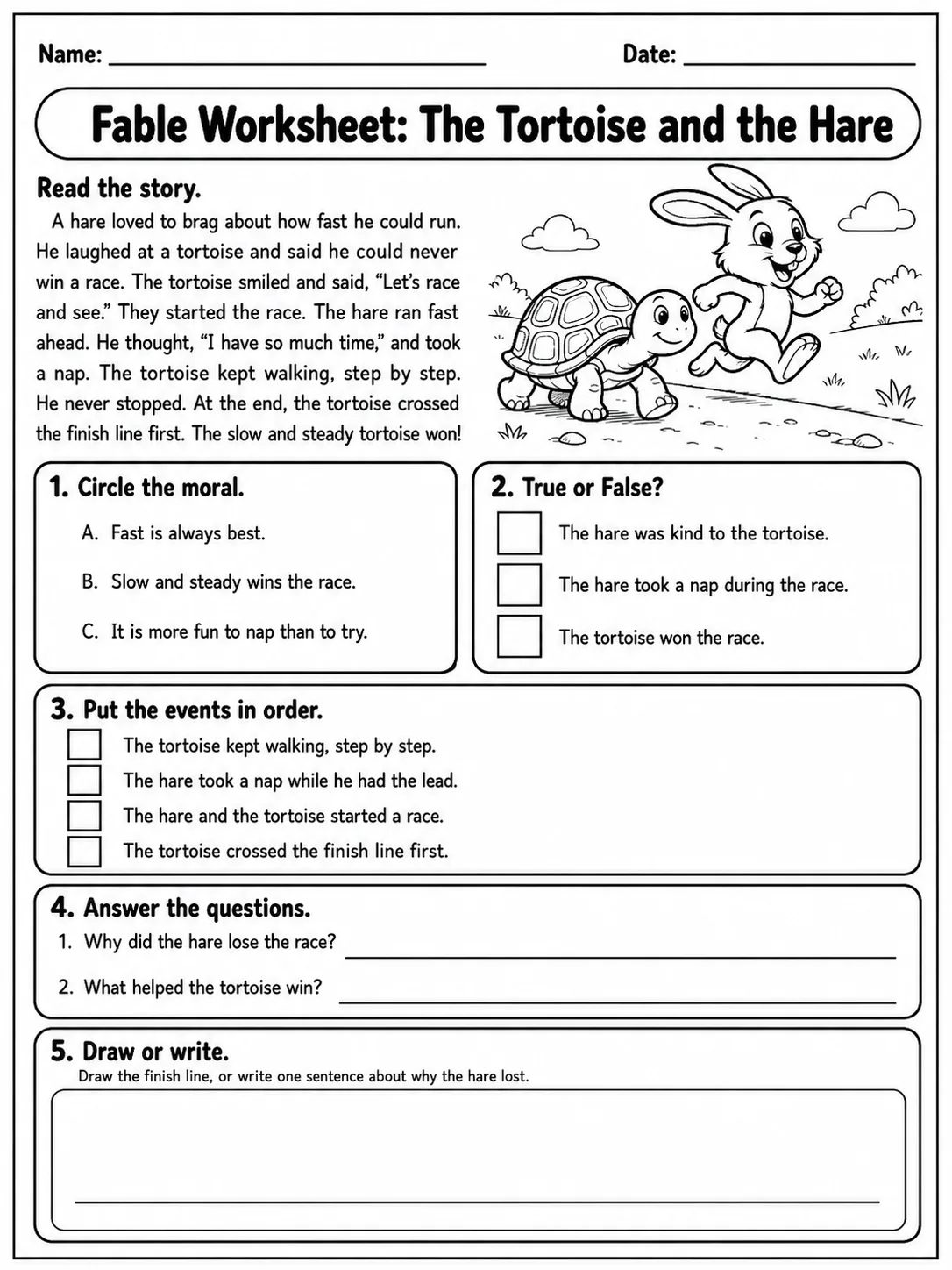 Fable Worksheet: The Tortoise and the Hare