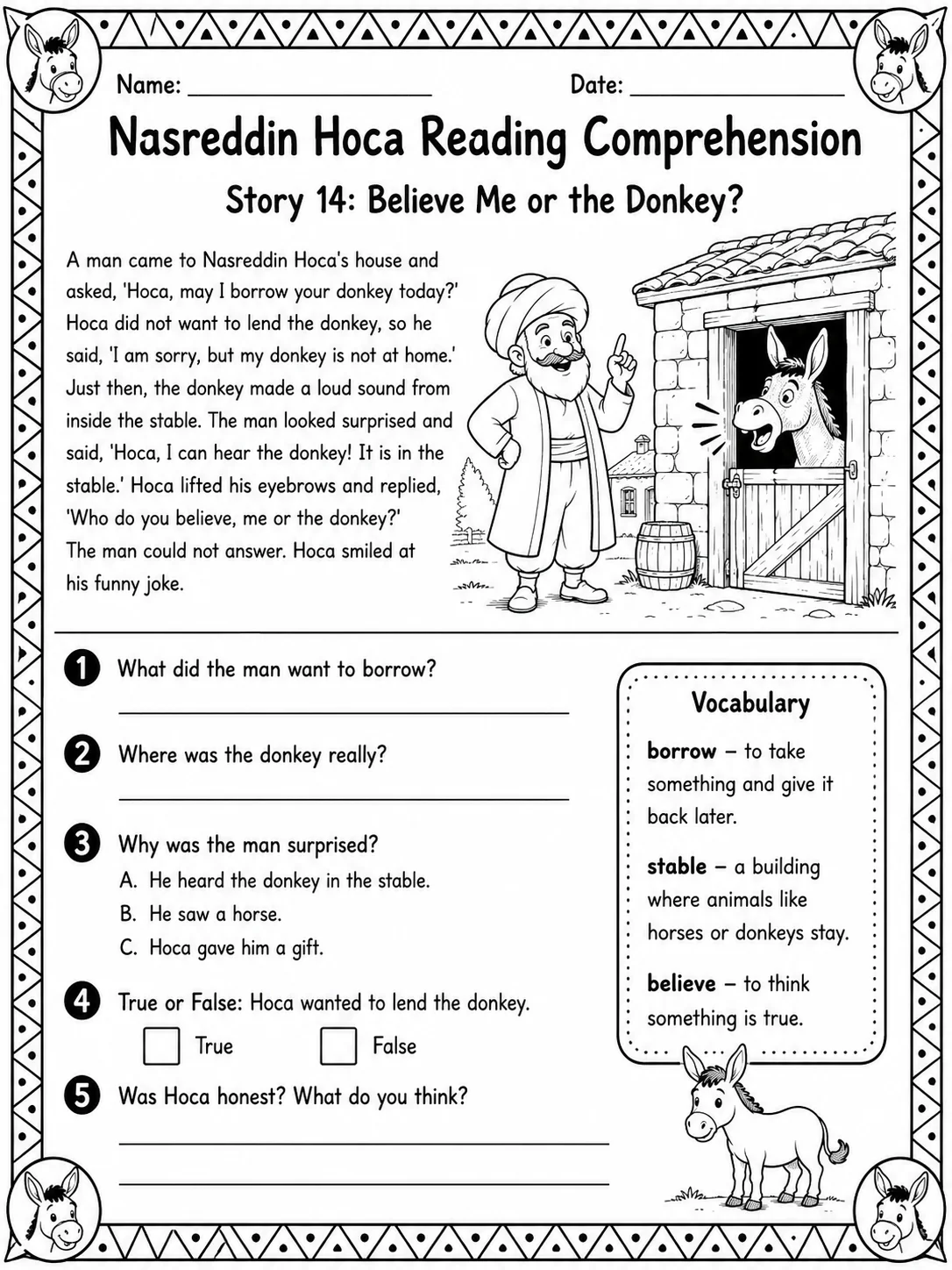 Nasreddin Hoca Reading Comprehension: Believe Me or the Donkey?