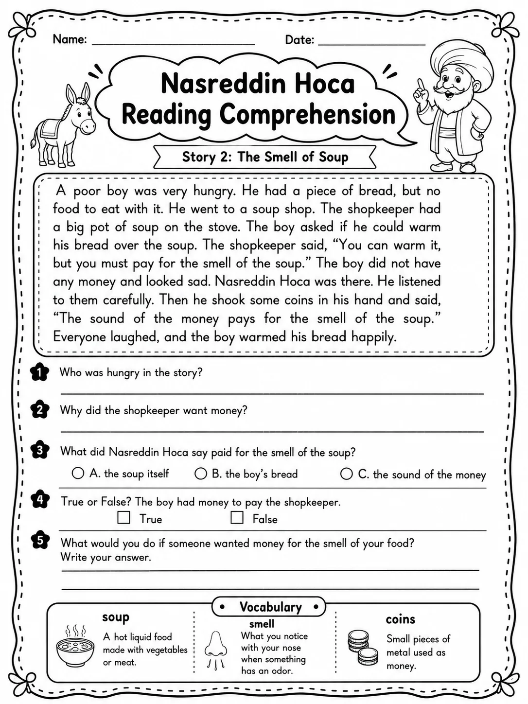 Nasreddin Hoca Reading Comprehension: The Smell of Soup
