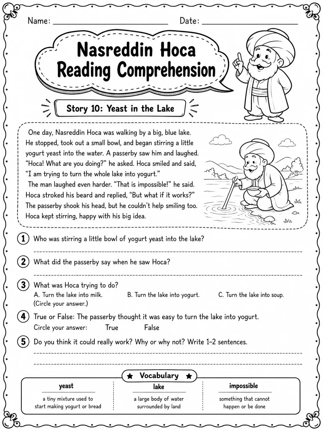 Nasreddin Hoca Reading Comprehension: Yeast in the Lake