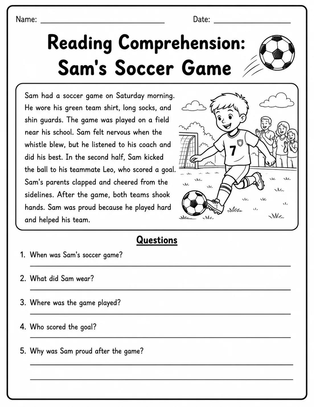 Reading Comprehension: Sam's Soccer Game
