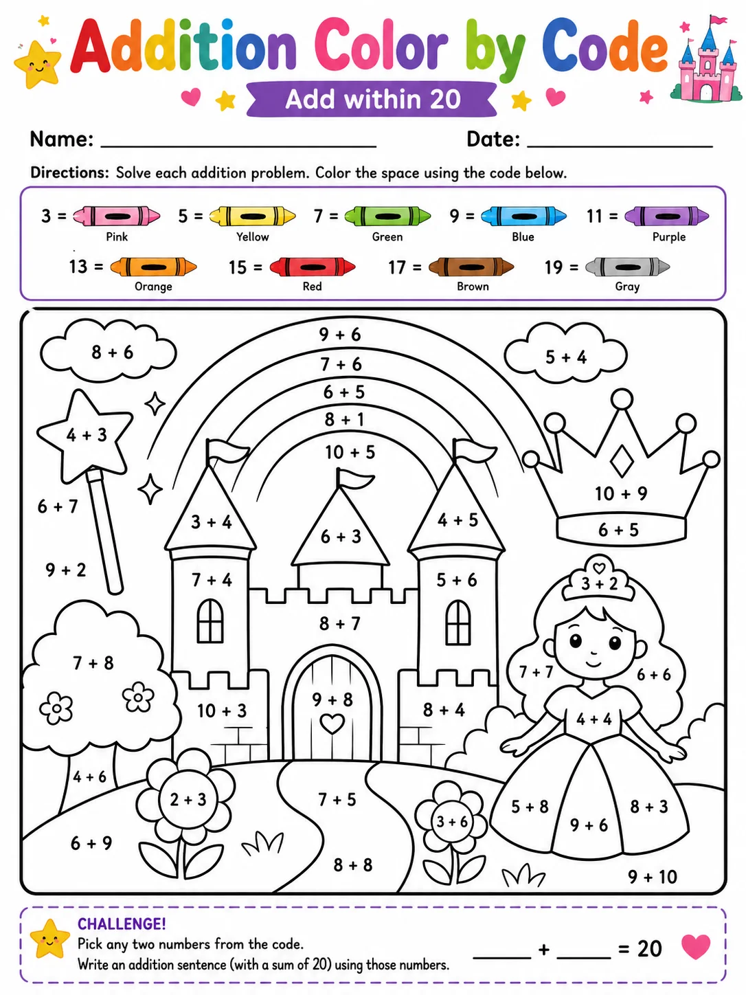 Addition Color by Code: Add within 20