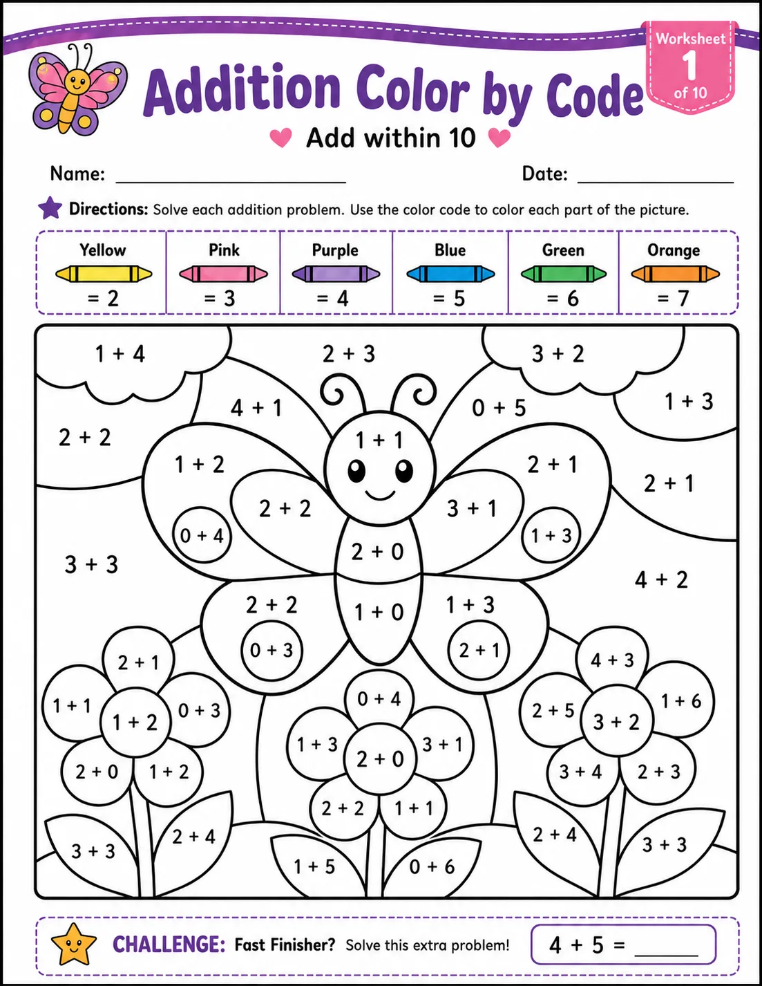 Addition Color by Code: $\nabla$ Add within 10