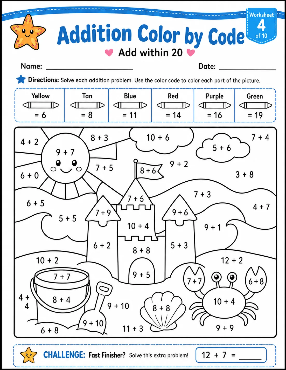 Addition Color by Code: $\nabla$ Add within 20 $\nabla$: Worksheet 4