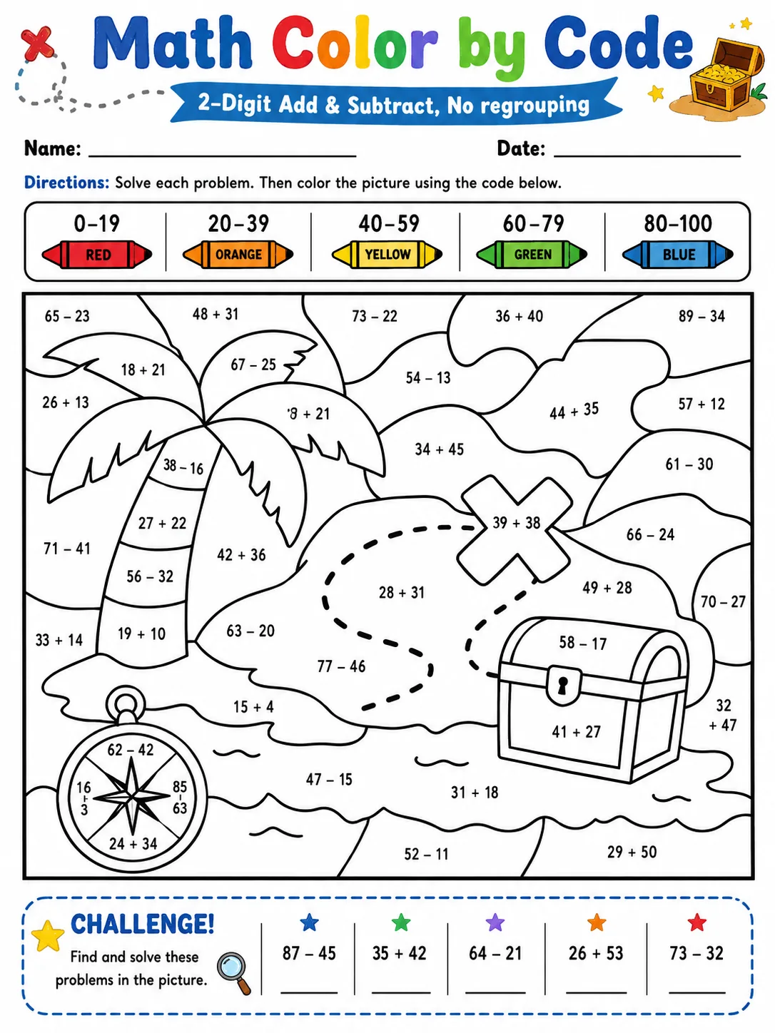 Math Color by Code: 2-Digit Add & Subtract, No regrouping