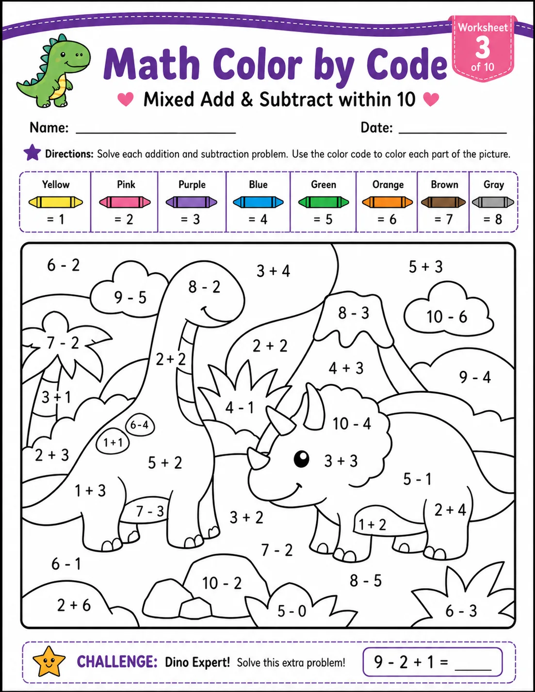 Math Color by Code: Mixed Add & Subtract within 10: Worksheet 3