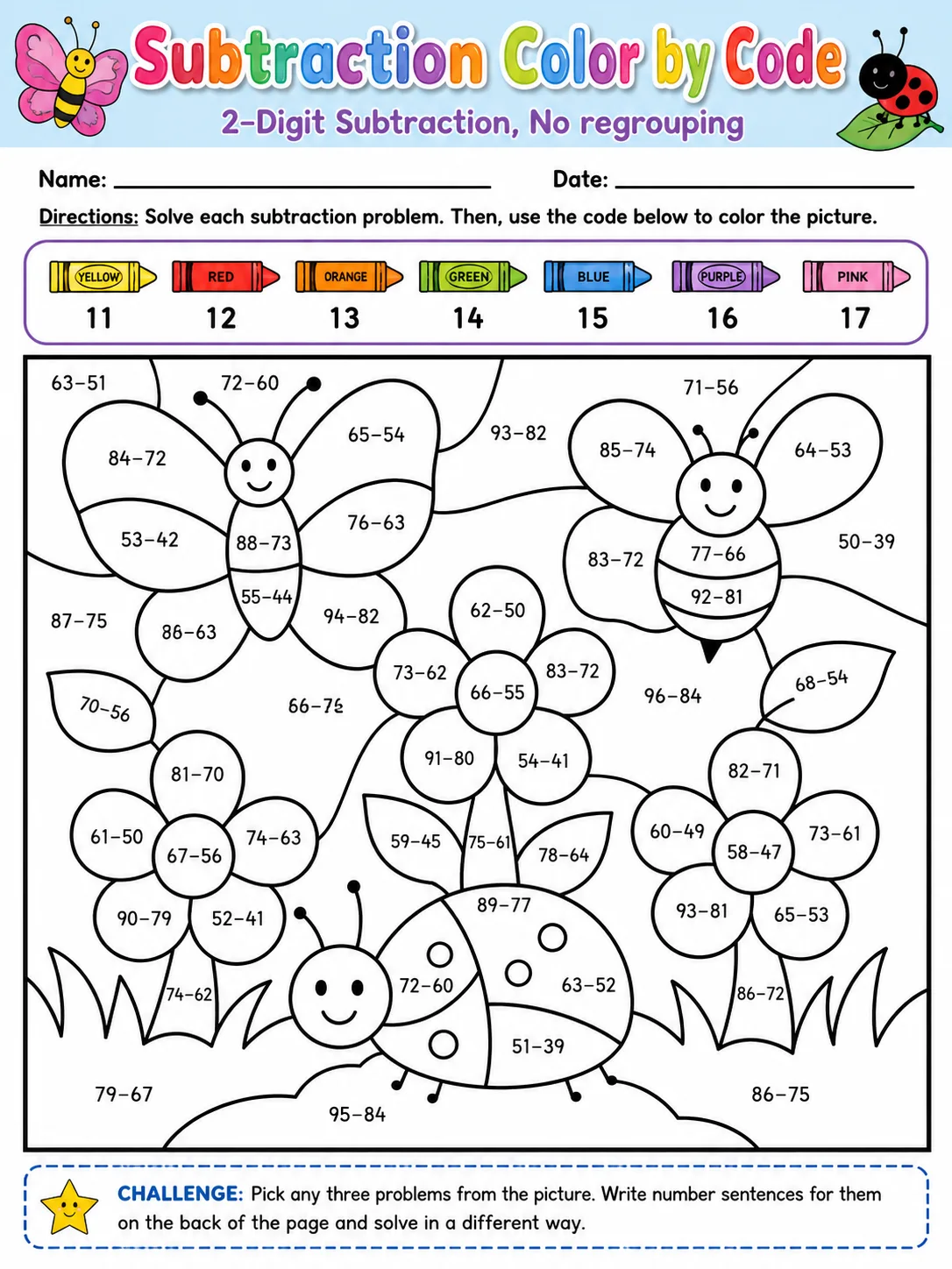 Subtraction Color by Code: 2-Digit Subtraction, No regrouping