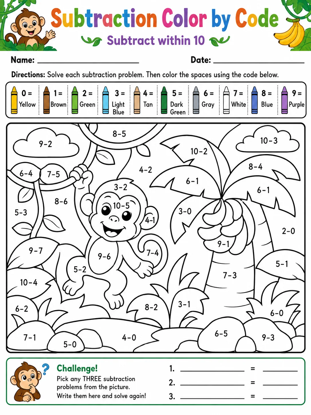 Subtraction Color by Code: Subtract within 10