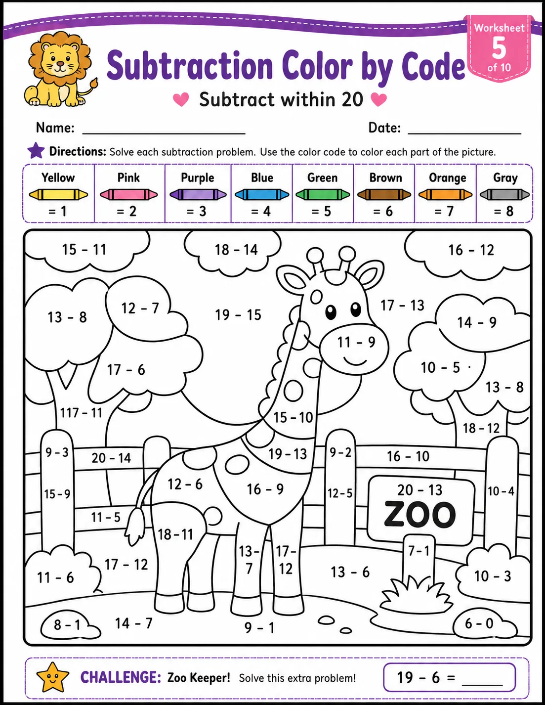 Subtraction Color by Code: Subtract within 20