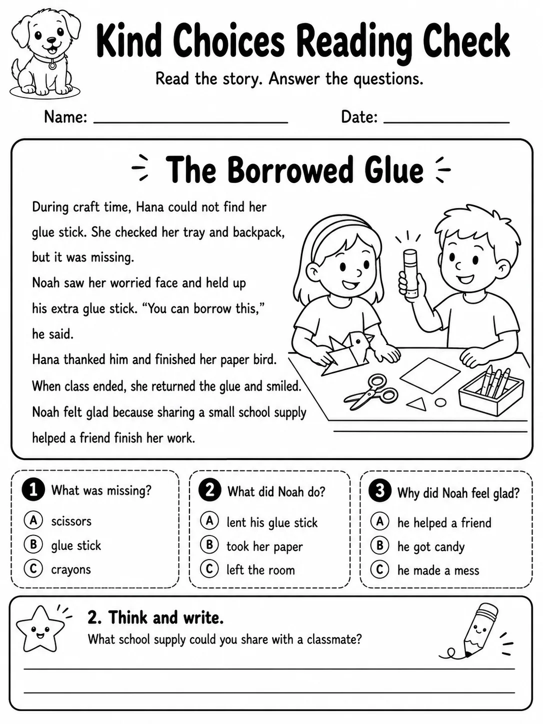 Kind Choices Reading Check: The Borrowed Glue