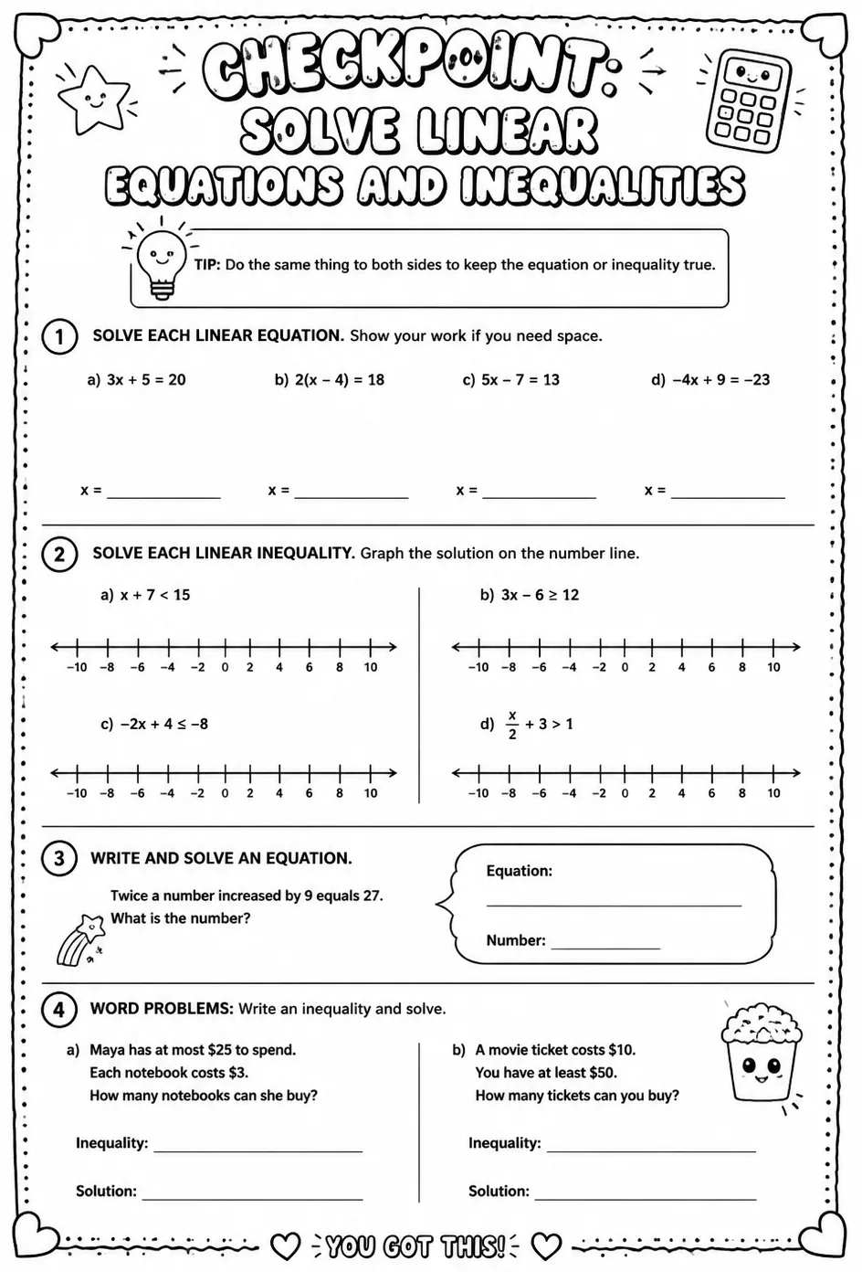 Checkpoint: Solve linear equations and inequalities