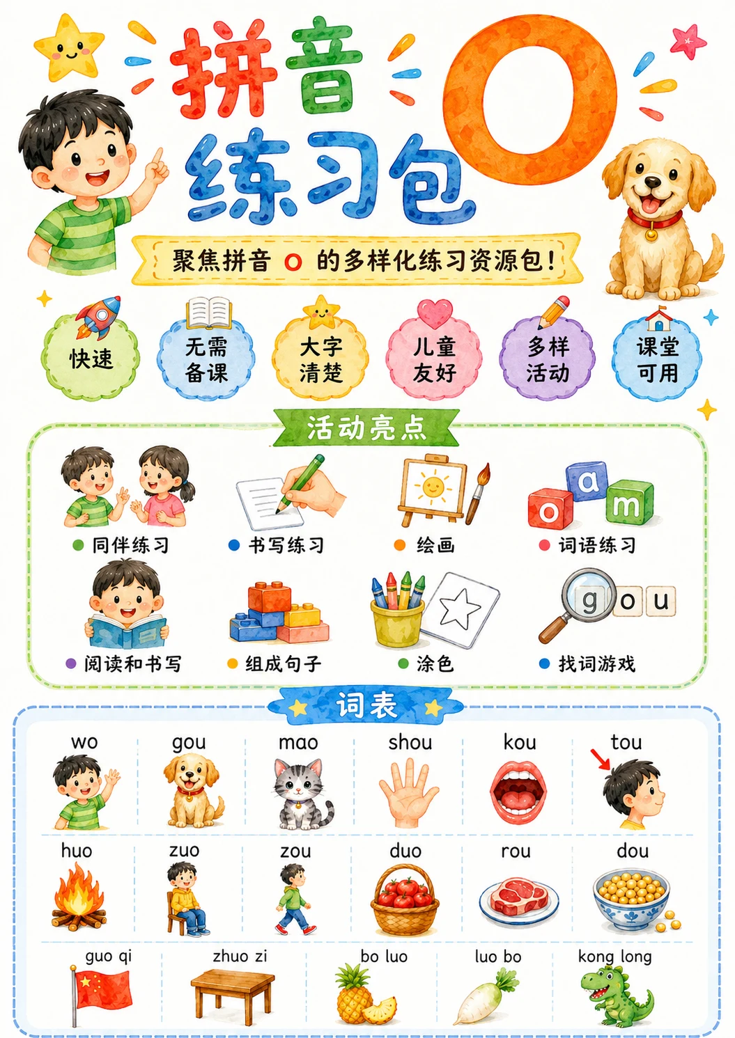 Chinese Pinyin Letter o Phonics Worksheets Pack