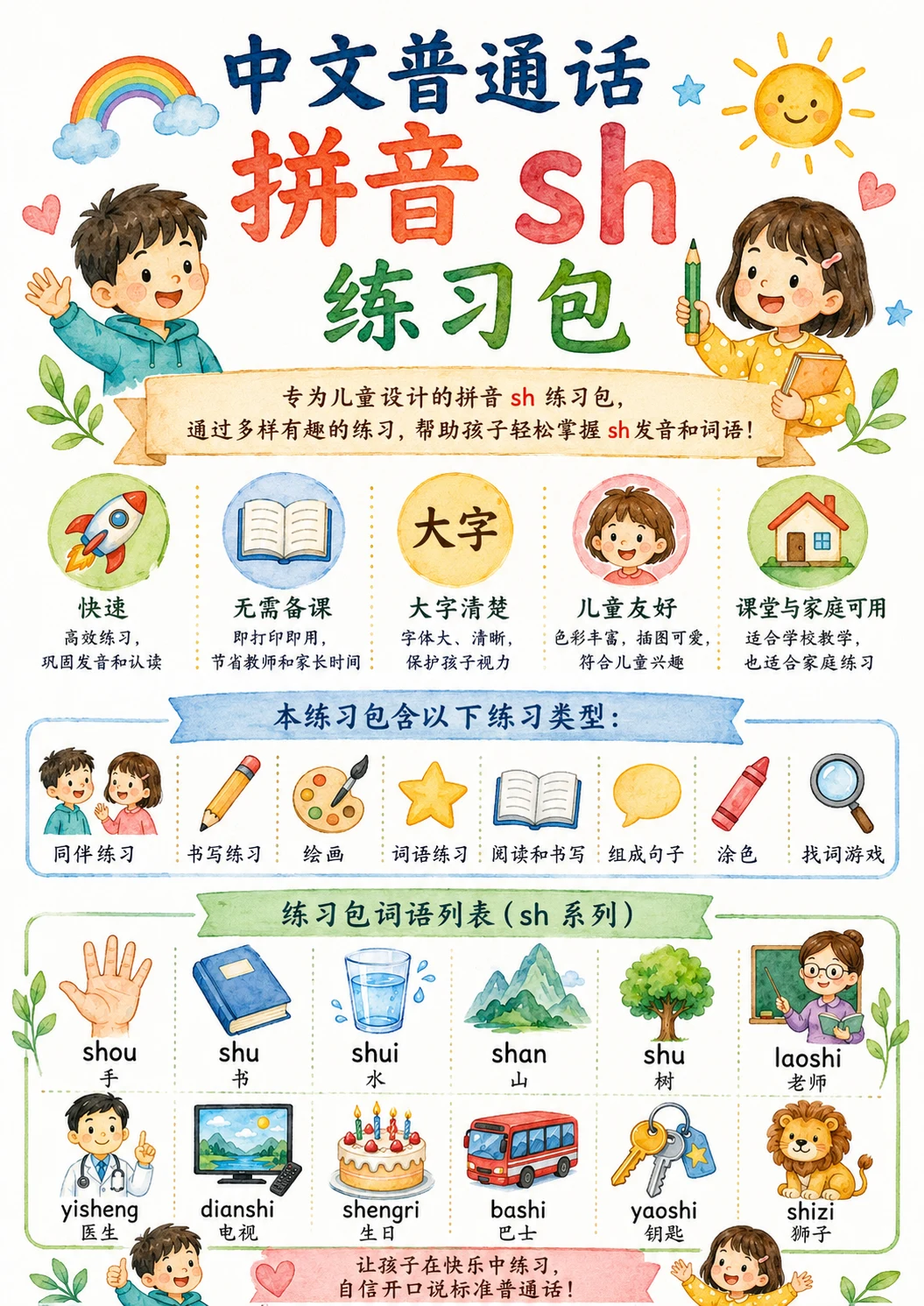 Chinese Pinyin Letter sh Phonics Worksheets Pack