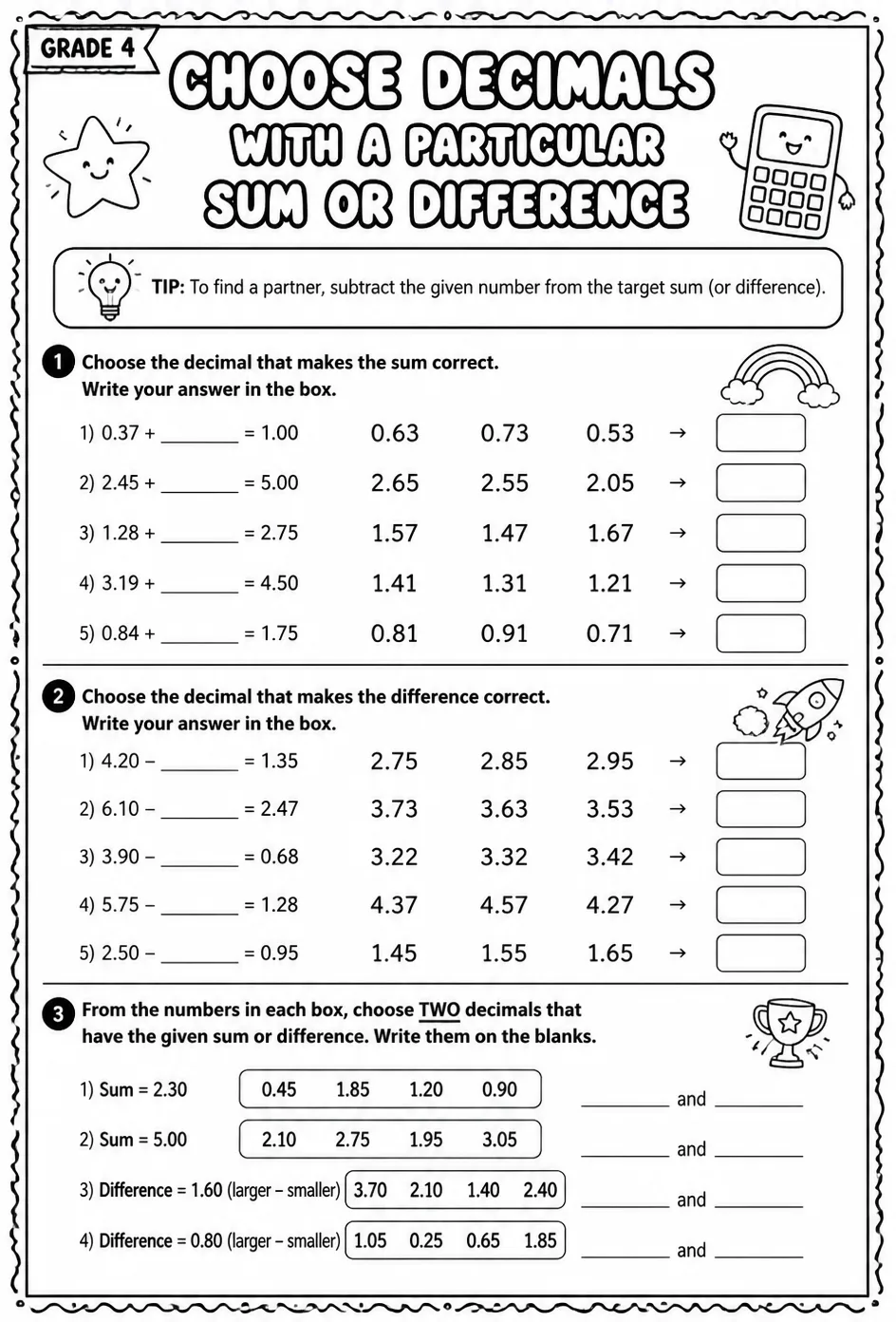 Choose decimals with a particular sum or difference