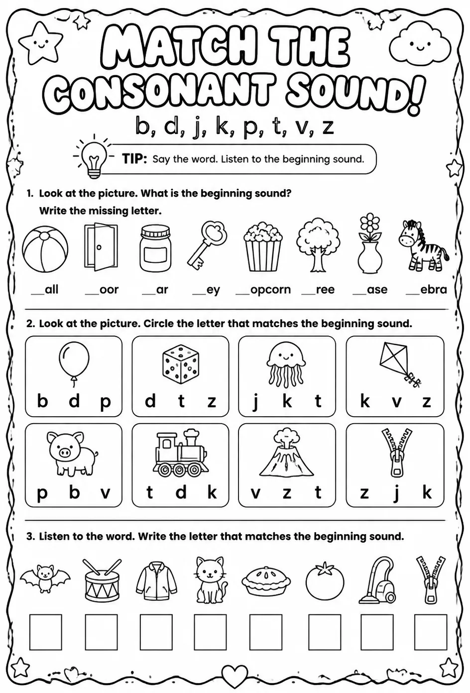 Choose the letter that matches the consonant sound: b, d, j, k, p, t, v, z