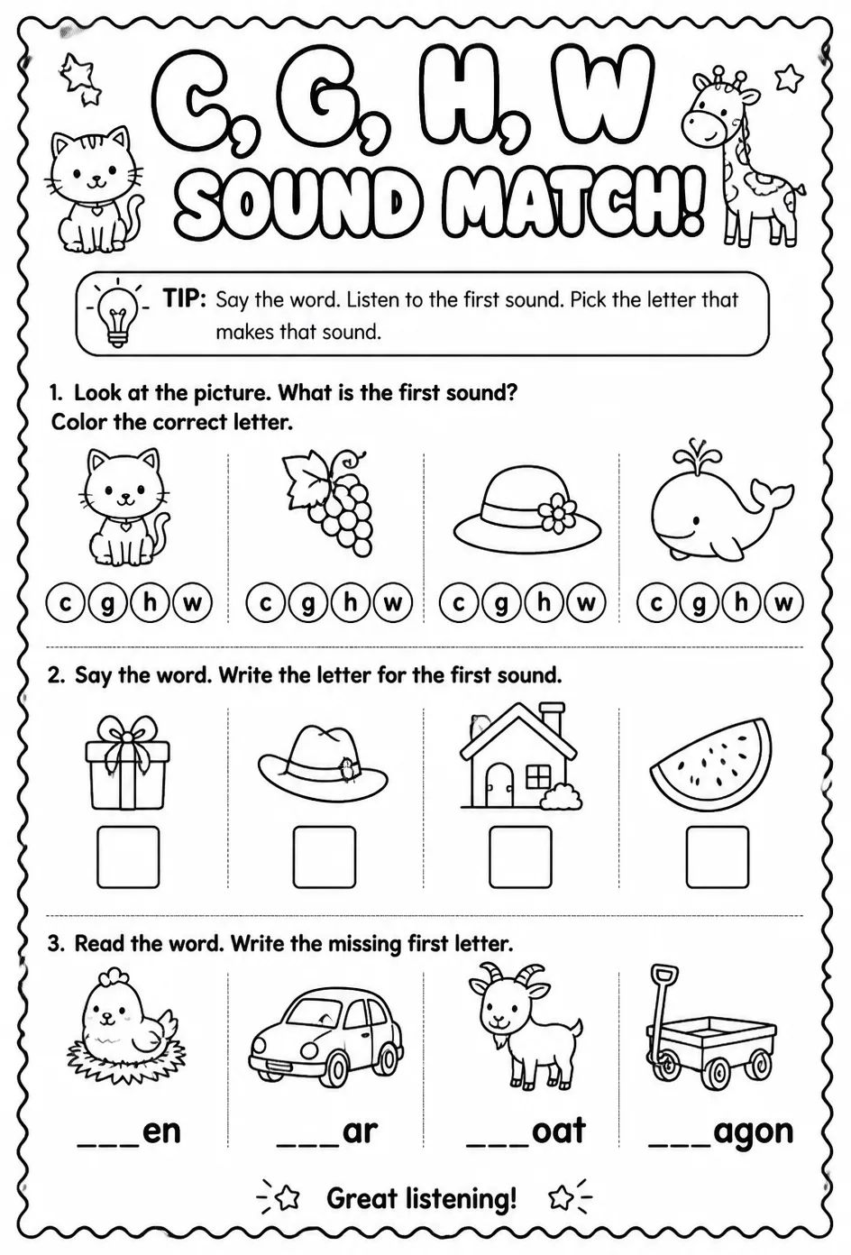 Choose the letter that matches the consonant sound: c, g, h, w