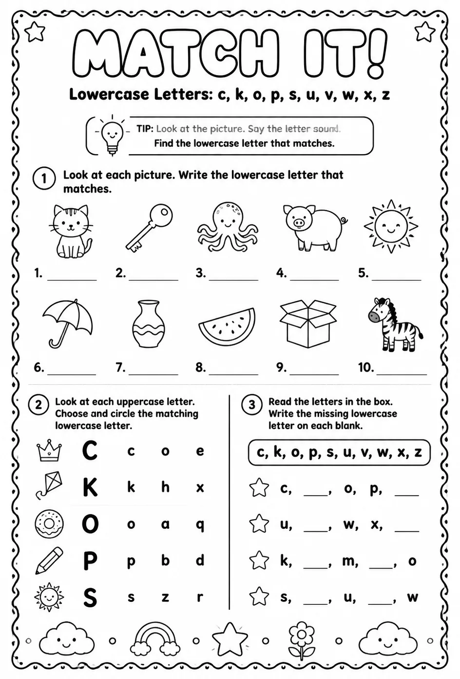 Choose the lowercase letter that matches: c, k, o, p, s, u, v, w, x, z