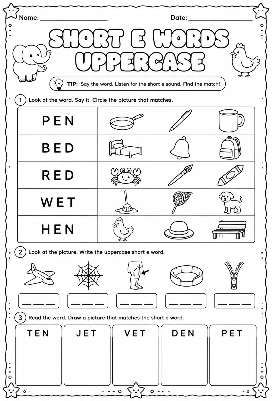 Choose the picture that matches the short e word: uppercase