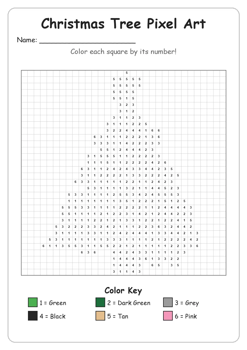 Christmas Tree Pixel Art — Color by Number (Grade 2)