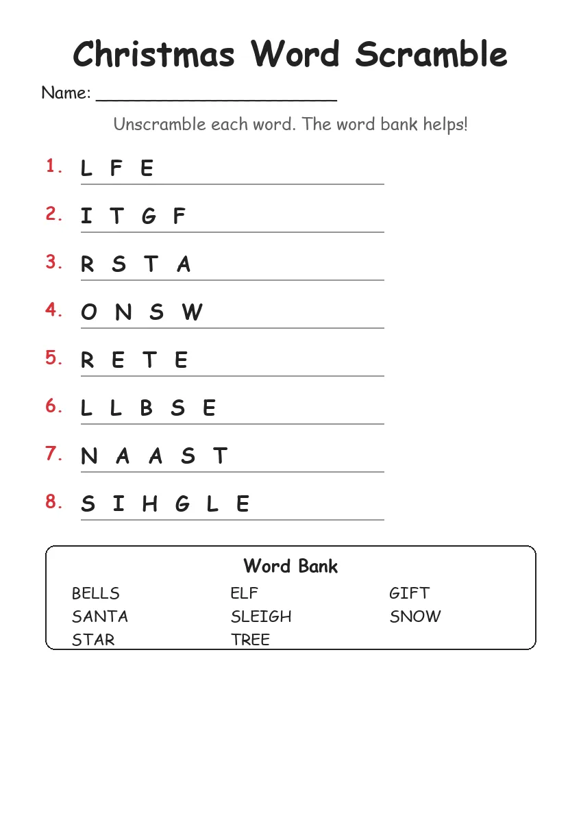 Christmas Word Scramble (Grade 1)