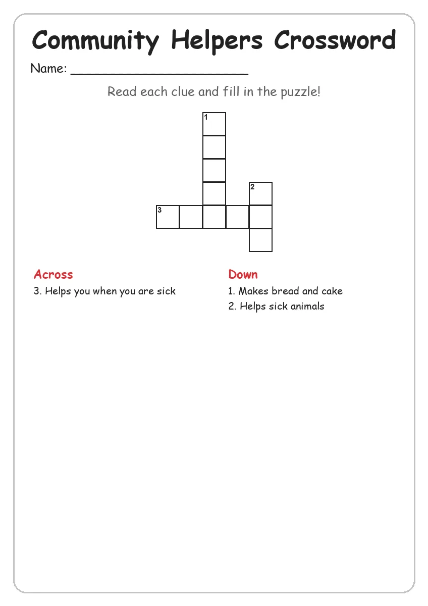 Community Helpers Crossword (Grade 1)