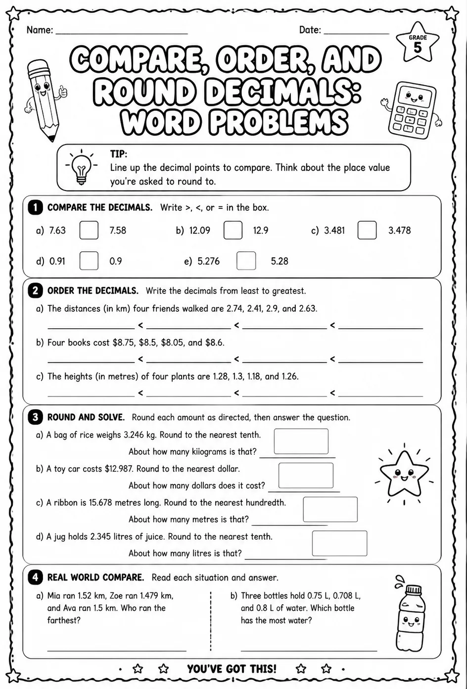 Compare, order, and round decimals: word problems