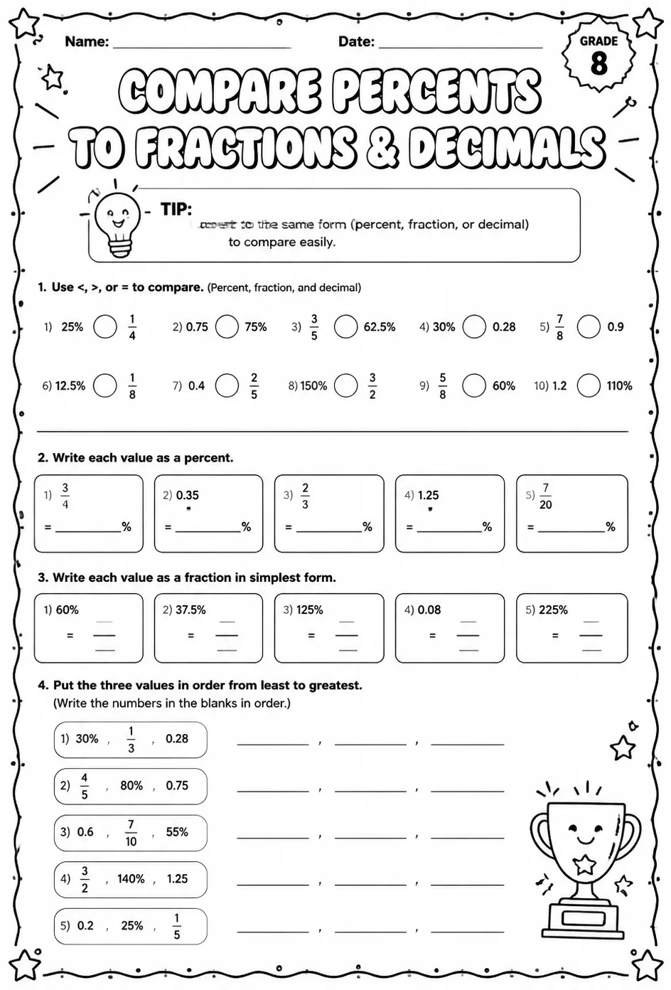 Compare percents to fractions and decimals