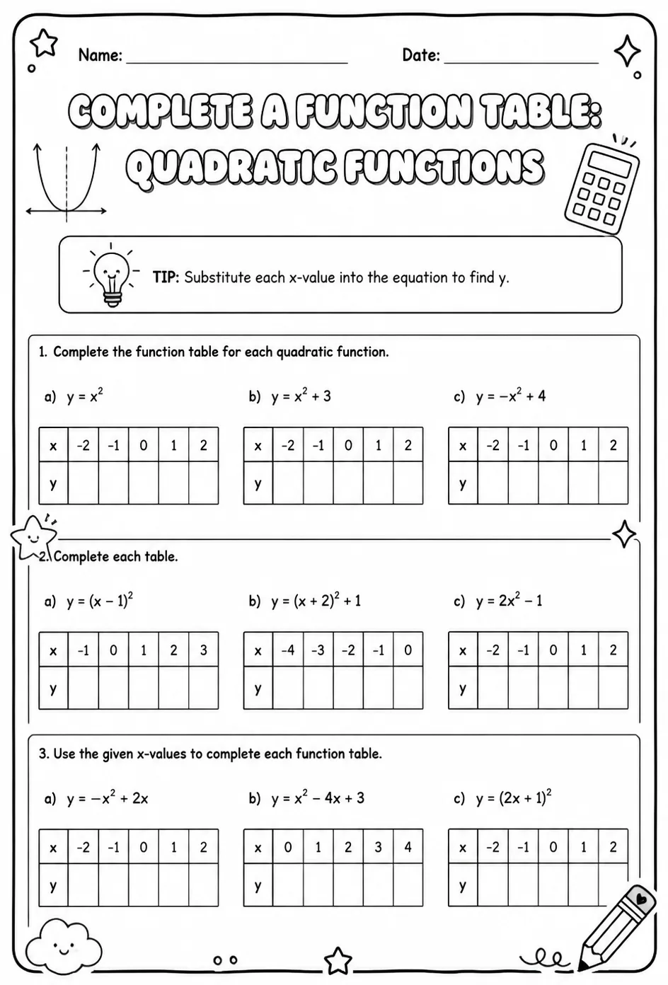 Complete a function table: quadratic functions