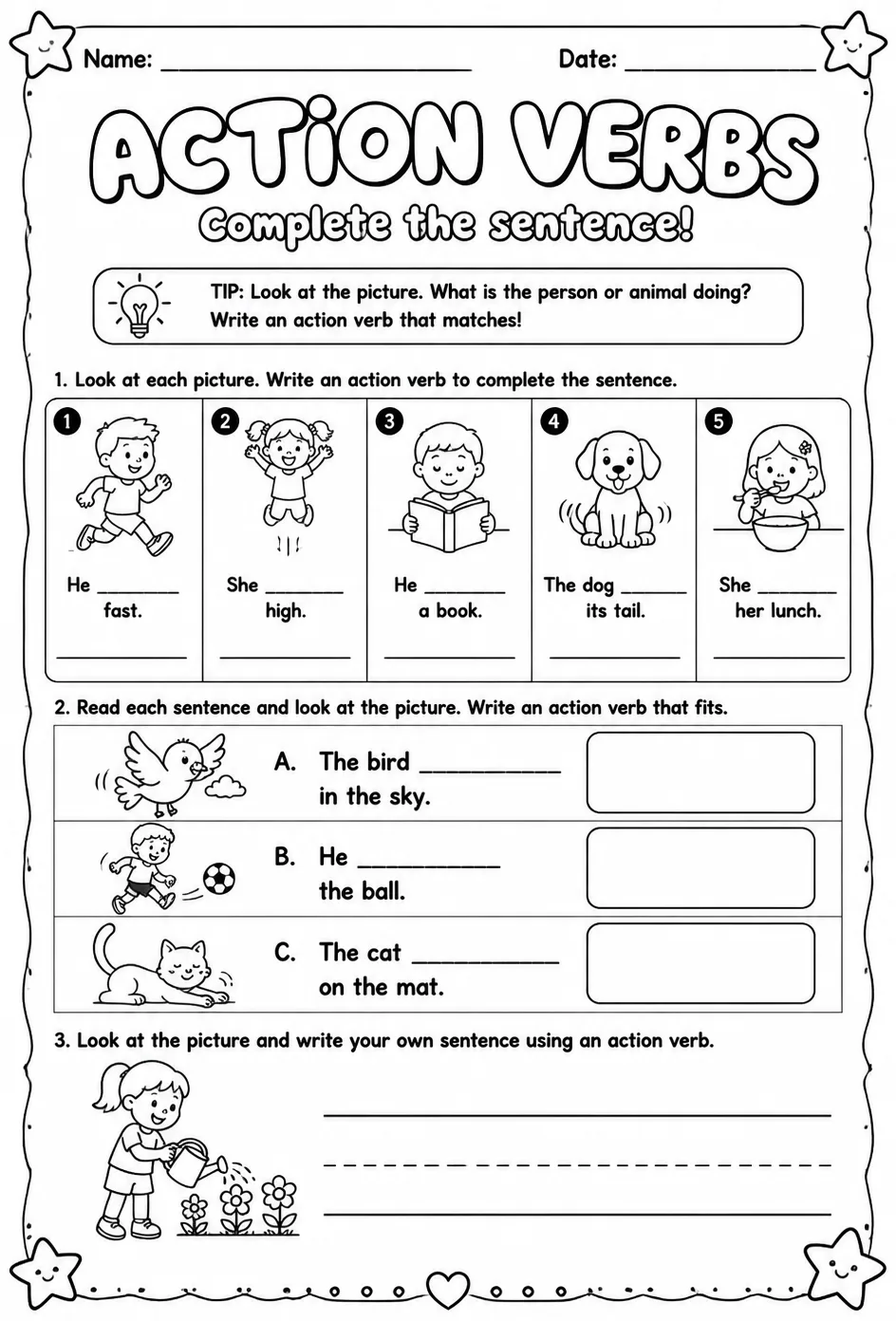 Complete the sentence with an action verb to match the picture