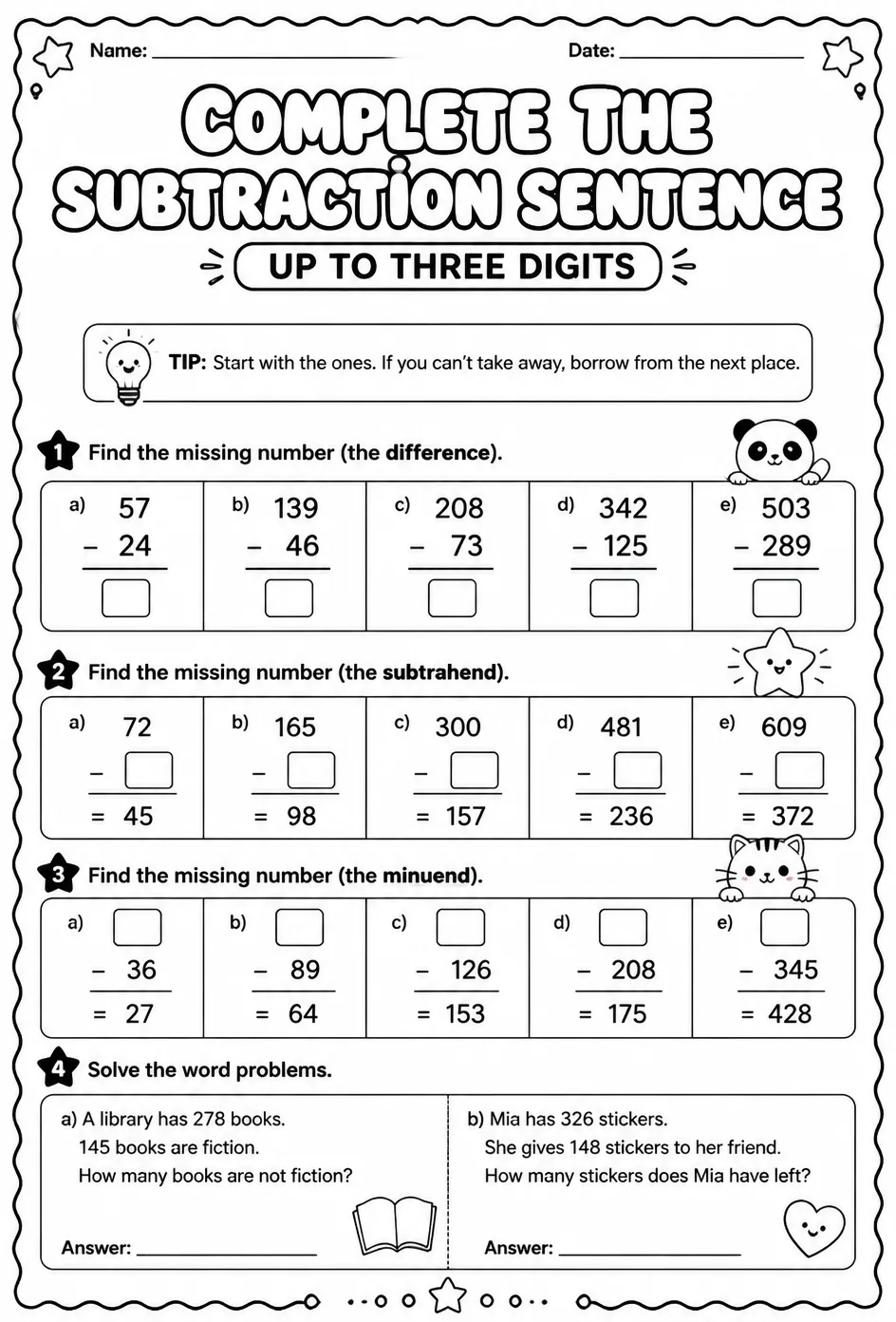Complete the subtraction sentence: up to three digits