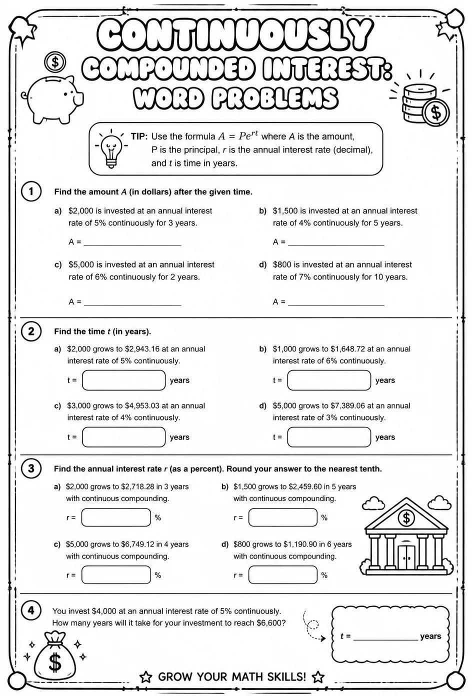 Continuously compounded interest: word problems