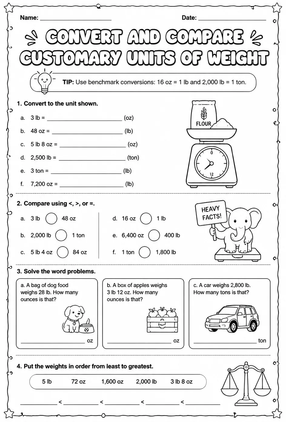 Convert and compare customary units of weight