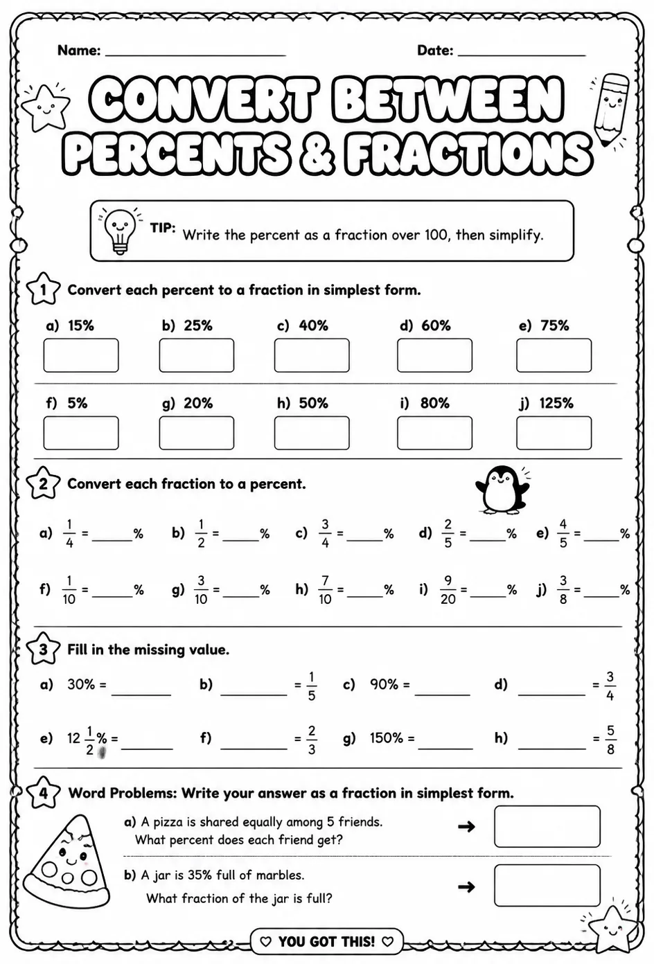 Convert between percents and fractions