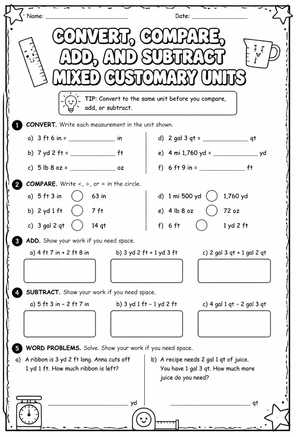 Convert, compare, add, and subtract mixed customary units