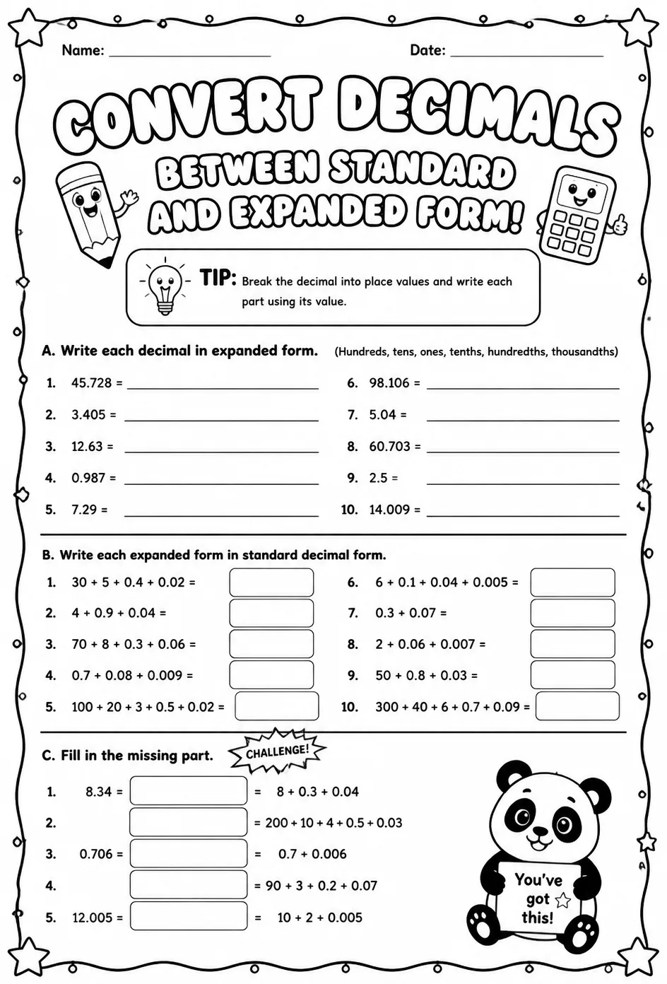 Convert decimals between standard and expanded form