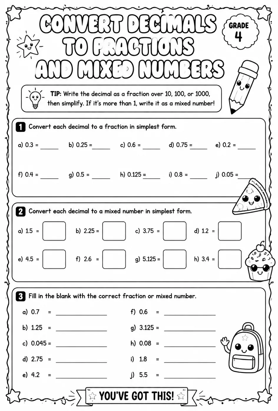 Convert decimals to fractions and mixed numbers