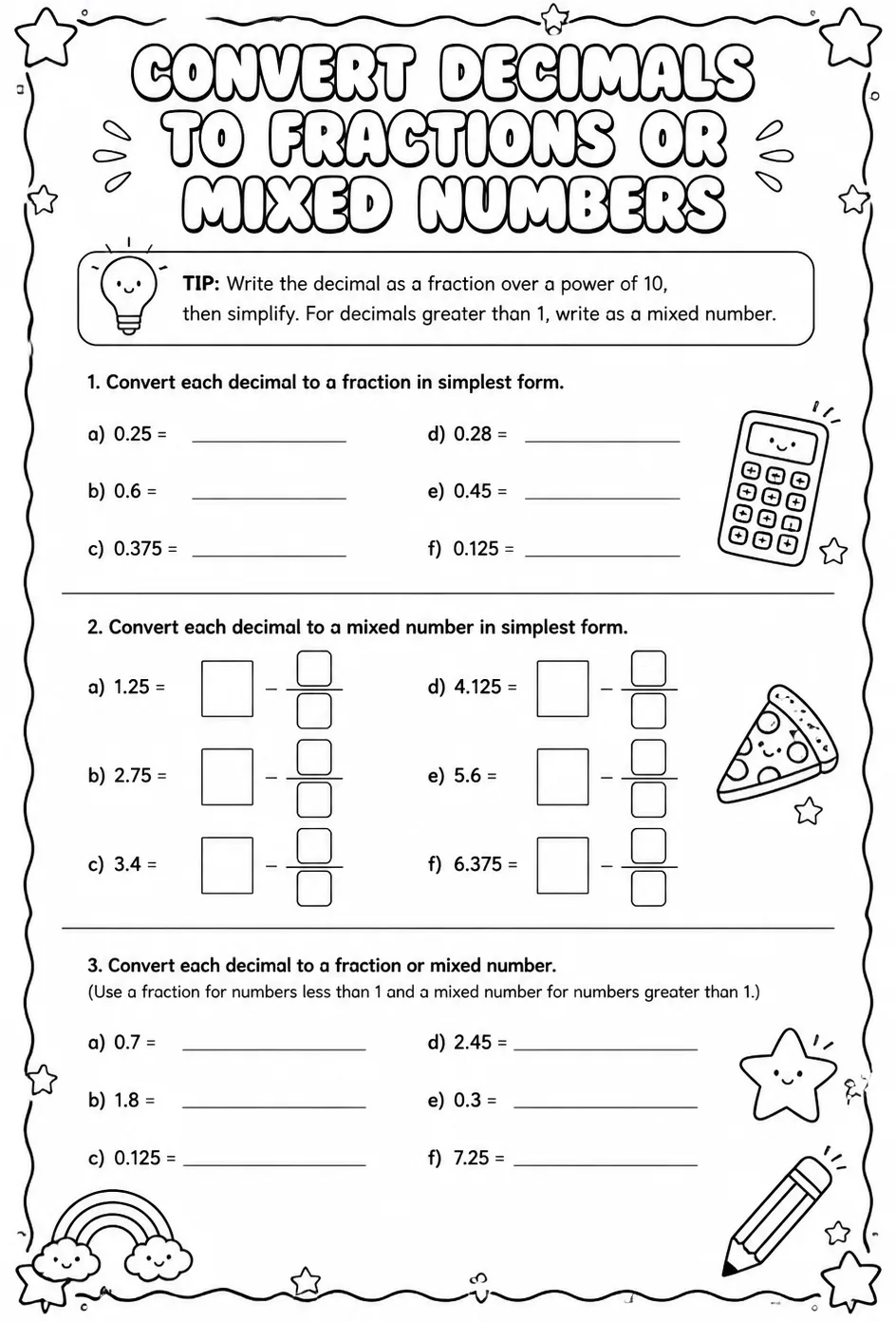 Convert decimals to fractions or mixed numbers