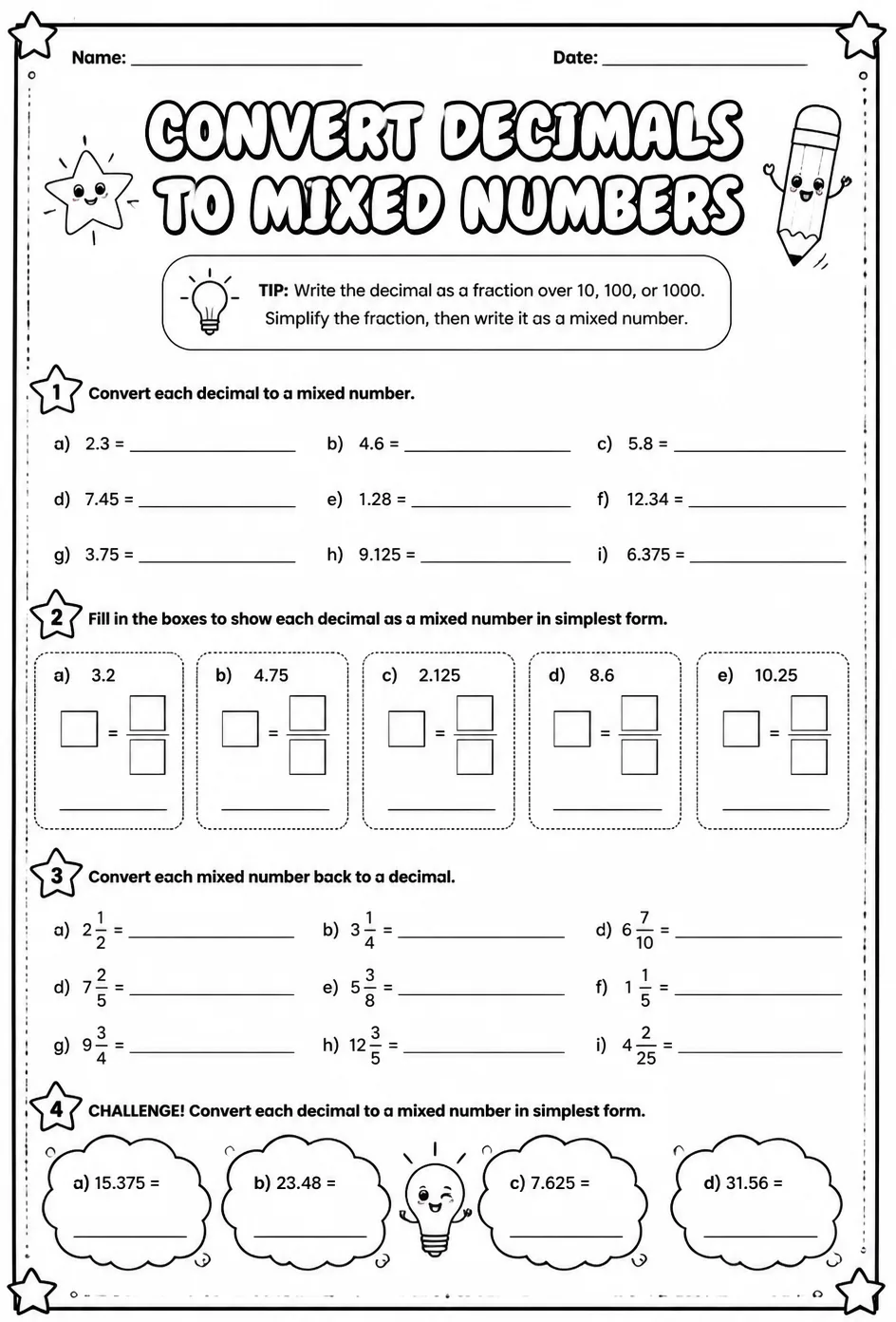 Convert decimals to mixed numbers