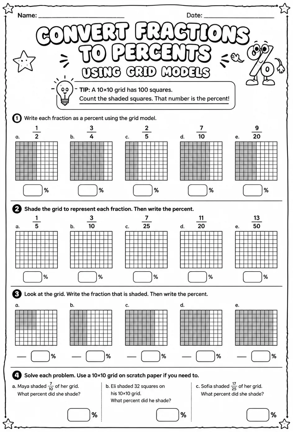 Convert fractions to percents using grid models