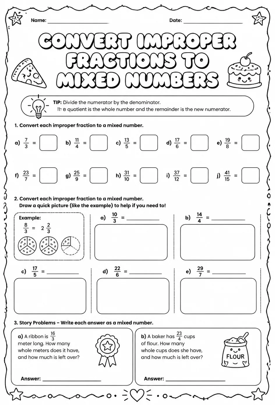 Convert improper fractions to mixed numbers